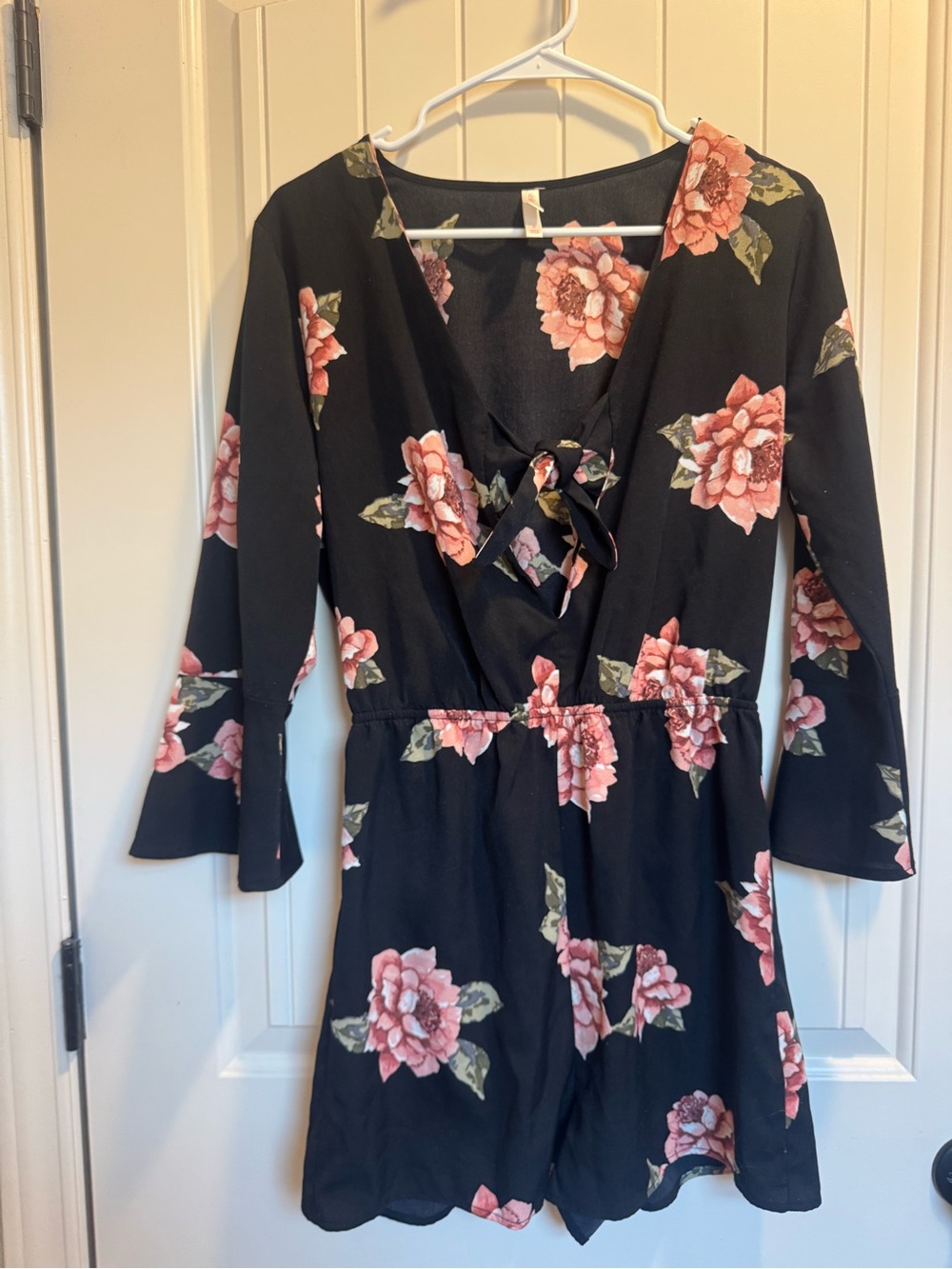 Women's Black Floral Tie-Front romper with Pink Rose Print